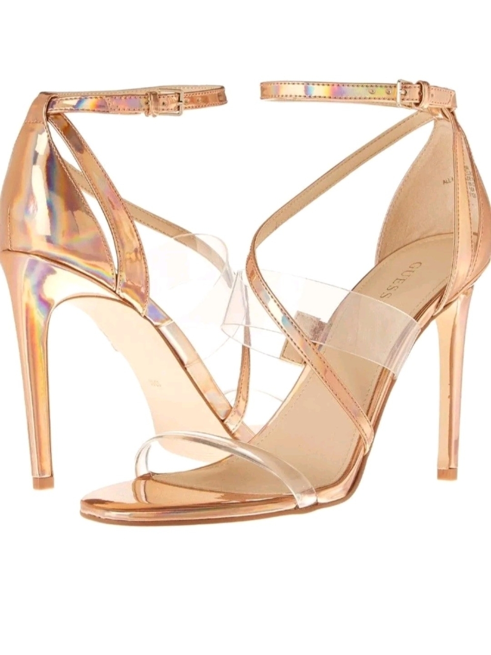 GUESS Rose Gold Holographic Clear Strap Stiletto Sandals